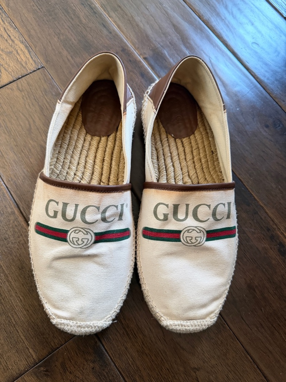 Gucci Men’s Cream Canvas Espadrilles with Green-Red Web and Brown Trim